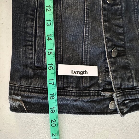 Free People Sz S/P Denim Jacket Hooded Black Button Front Manufactured Distress - Picture 8 of 14